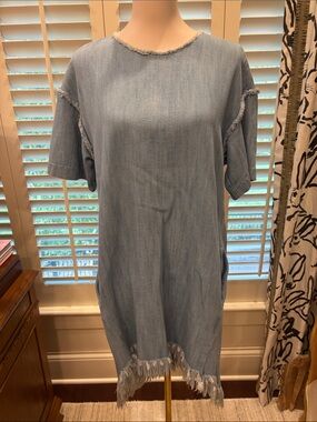 Zara Light Blue Denim-Style Frayed Shift Dress